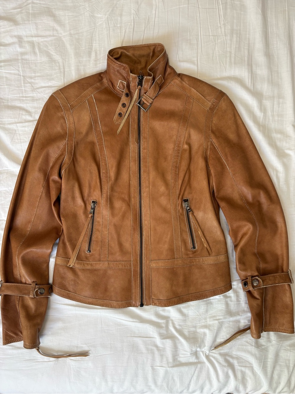 Andrew Marc Brown Leather Zip-Up Jacket with Buckle Collar